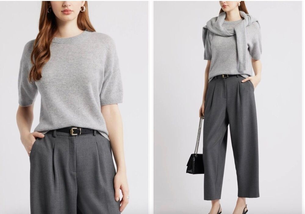 New Nordstrom Short Sleeve Cashmere Sweater in Grey Silk Heather Size Medium